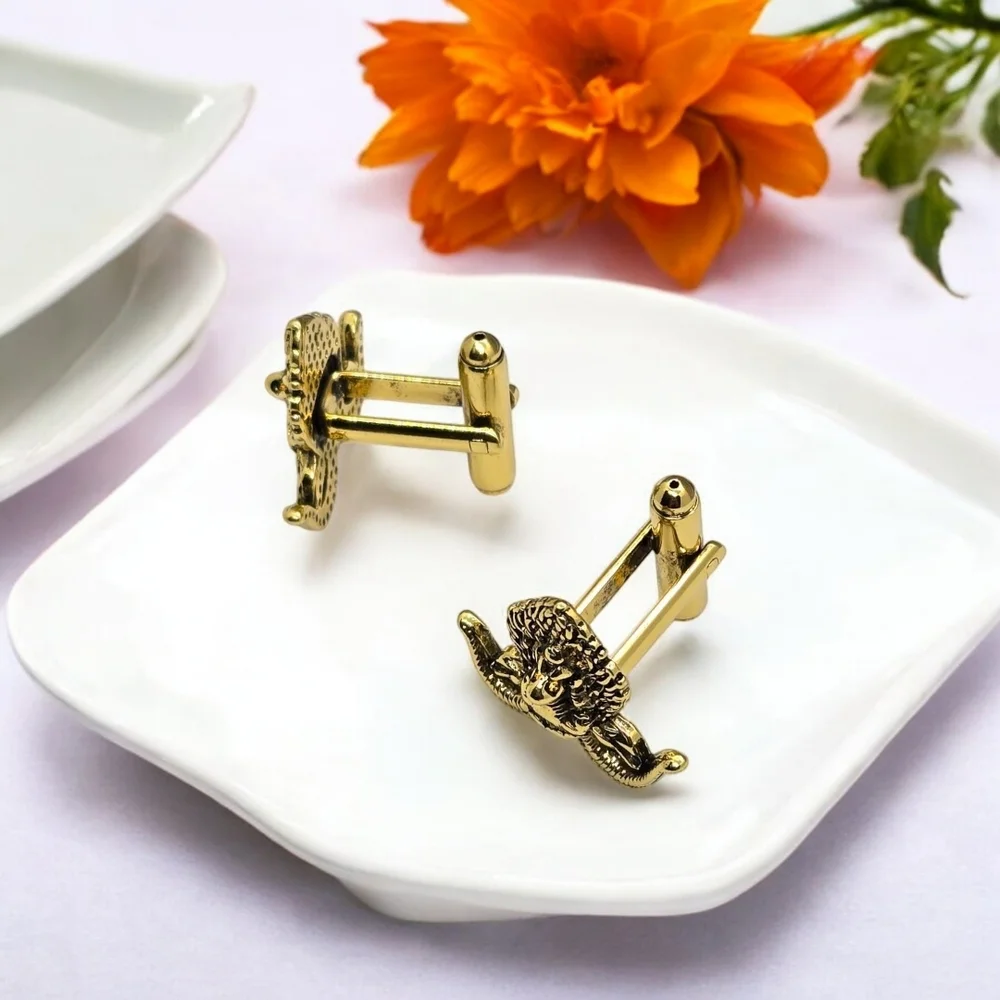 Horned Goat Cufflinks Gold Ram Head Aries Zodiac Tuxedo Prom Wedding Formal Gift